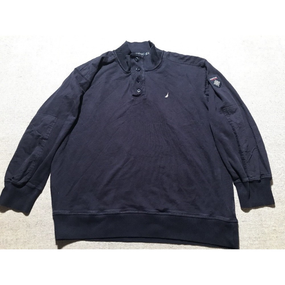 Nautica Men's Sweater 2XL Navy Mock Neck 1/4 Button Patch #1560